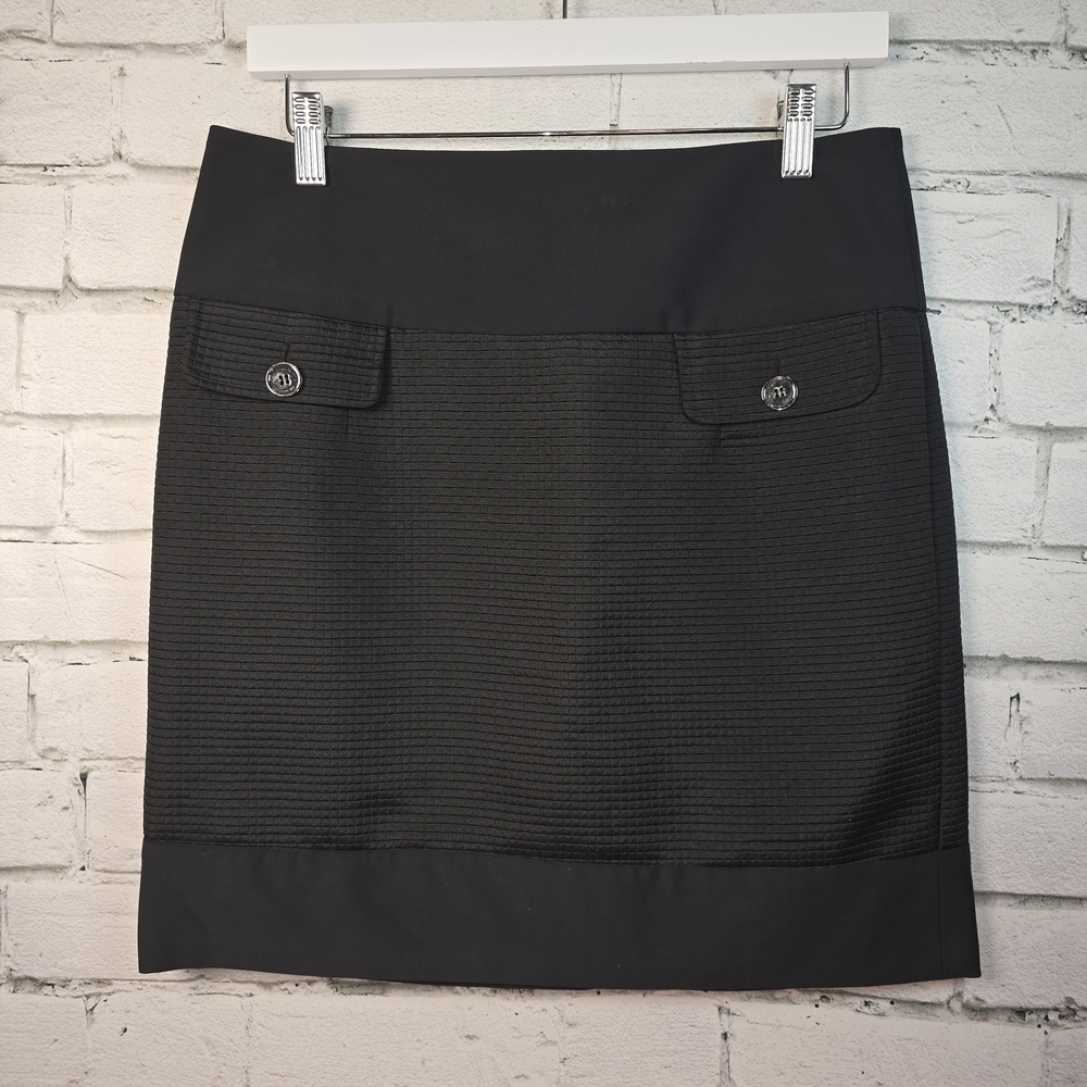 CHELSEA AND THEODORE BLACK RIBBED KNIT MINI SKIRT FAUX POCKET WOMENS 6